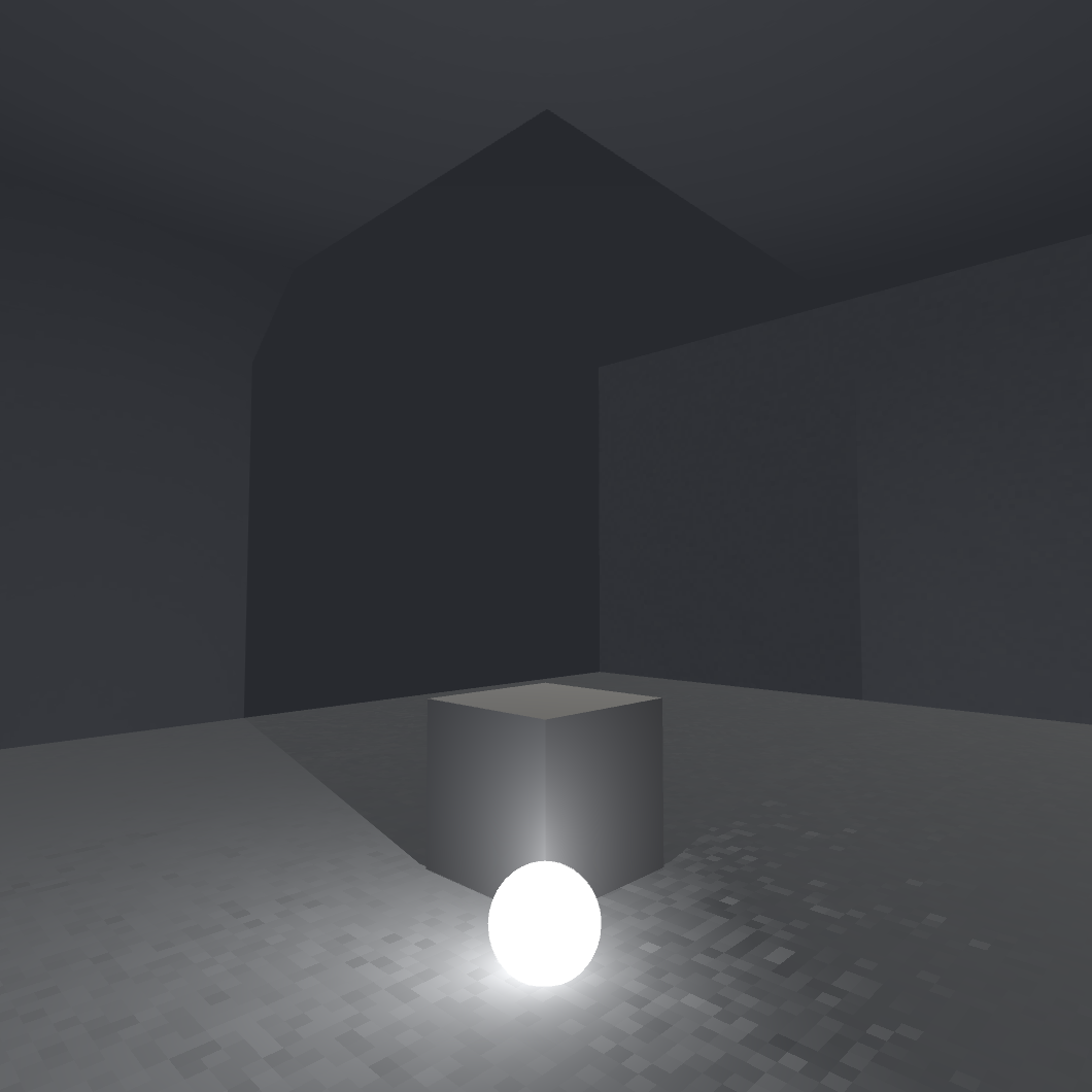 A cube in a room illuminated by a point light and casting a shadow into the corner