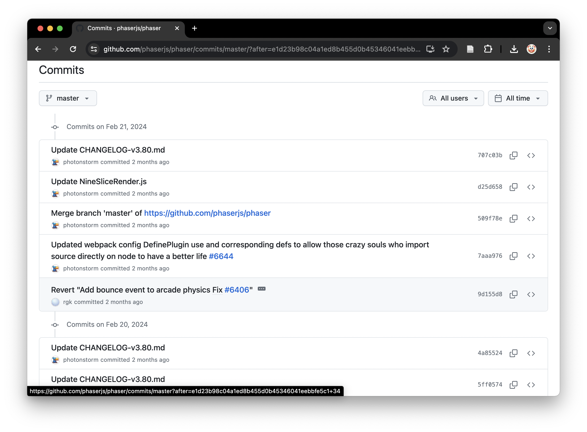 Phaser commit history